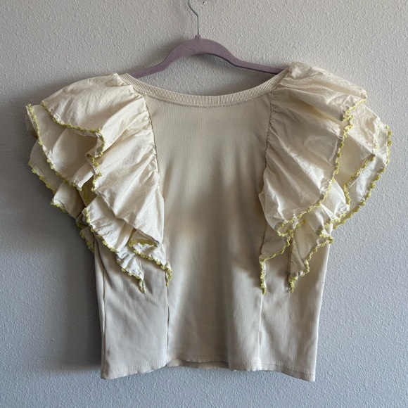 Anthropologie Oversized Ruffles Short Sleeve Ribbed Top Women’s Medium Cream - Picture 9 of 12